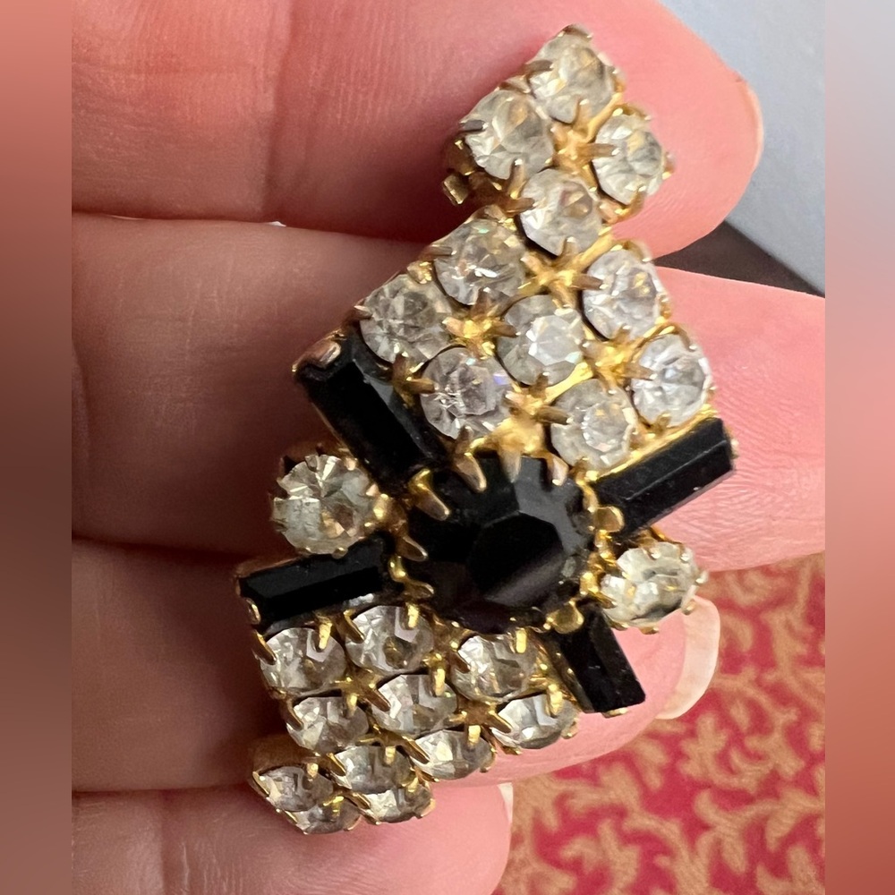 Vintage Gold-Tone Black & Crystal Pierced Earrings - Picture 3 of 6